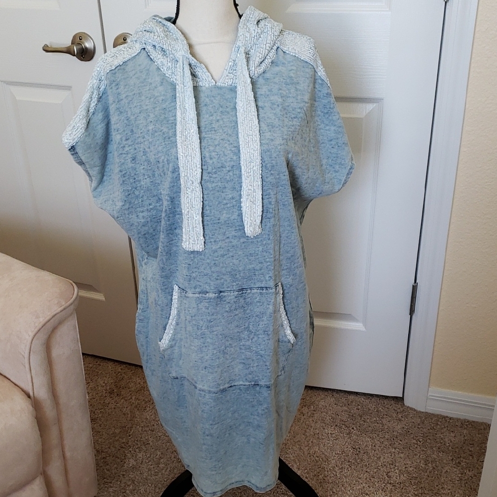 VENUS Light Blue Hooded Terry Pullover Dress with White Trim